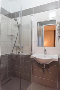 ein Bad mit einem Waschbecken und einer Dusche in der Unterkunft Pension zum Meridianstein in Gmünd