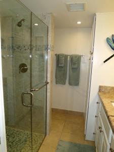 y baño con ducha con cabina de ducha de cristal. en Luxury Beachfront Duplex Villa on Sapphire Beach V, en Nazareth