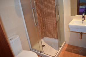uma casa de banho com um chuveiro, um WC e um lavatório. em Casa Alonso em Narón