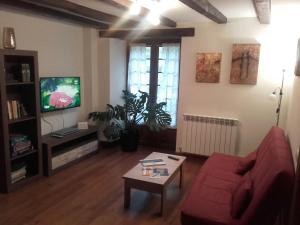 sala de estar con sofá rojo y TV en Casa Rural Idiara, en Viscarret-Guerendiáin