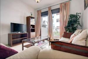 uma sala de estar com um sofá e uma televisão em Apartamento Atenea centro con garaje gratuito em Ronda