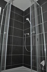 a bathroom with a shower with black tiles at Apartmány Stožec - Stela Premium in Stožec