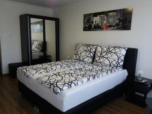シオーフォクにあるJelka Apartment Siófokのベッドルーム(白黒のベッド1台、鏡付)