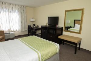 Habitación de hotel con cama y espejo en Hope Hotel and Richard C. Holbrooke Conference Center, en Fairborn