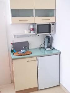 a small kitchen with a counter with a microwave at Studio Muenster City in Münster