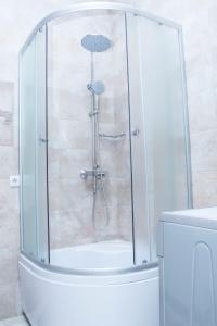 a shower with a glass door in a bathroom at Luxury apartment Promenade Expo in Astana
