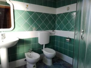 a green tiled bathroom with a toilet and a sink at B&B Lago Mulargia in Siùrgus Donigala