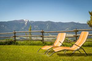 two chairs sitting in the grass in front of a fence at Hotel Amaten in Brunico