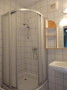 y baño con ducha y puerta de cristal. en Ferienwohnung Rogatsch, en Sankt Kanzian
