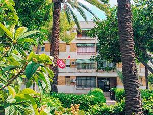 Un edificio con palmeras delante. en Apartamento Jardines Vía Parque, en Alicante