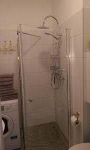 une douche avec une porte en verre dans une salle de bain dans l'établissement Romantic Style Apartment Berlin, à Berlin