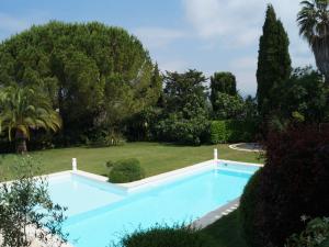 ムージャンにあるStylish villa in Mougins with private poolの木々が植わる庭にある青い大型スイミングプール