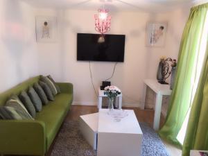 a living room with a green couch and a tv at Charimore Executive Apartment in London