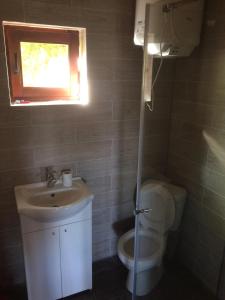 a bathroom with a sink and a toilet and a window at Domek w Sercu Mazur in Ryn