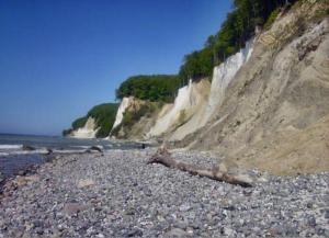 a log laying on a rocky beach next to the ocean at An-den-Birken in Sagard