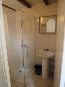 a bathroom with a shower and a sink at Les Marines in Biscarrosse-Plage