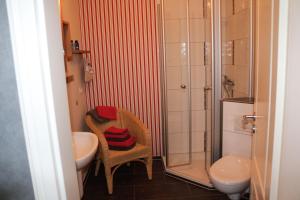 a bathroom with a sink and a toilet and a shower at Ferienwohnung-Abendroete in Lüdersburg