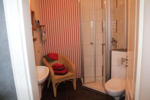 ein Bad mit einem Waschbecken, einem WC und einer Dusche in der Unterkunft Ferienwohnung "Abendröte" in Lüdersburg