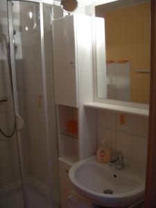 a bathroom with a sink and a shower with a mirror at Rothers-Ferienwohnung in Annaberg-Buchholz