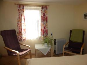 ロストックにあるFerien-Apartment-mit-Gartenblickの椅子2脚と植物のある窓が備わるお部屋