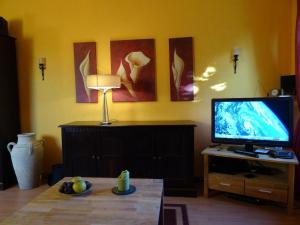 a living room with a television and a table with a lamp at Haus-Marla in Tating