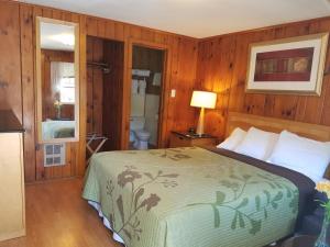 a bedroom with a bed and a bathroom at Seven Dwarfs Cabins - White Cabin in Lake George