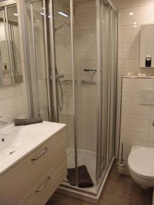 y baño con ducha, lavabo y aseo. en Haus-Norderpiep, en Büsum