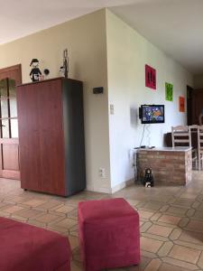 a living room with a large cabinet and a tv at Le Valdine in Jemeppe +16 photos