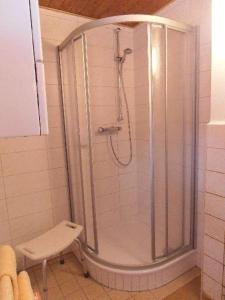 y baño con ducha y puerta de cristal. en Ferienwohnung-Mitreuter, en Wildenau