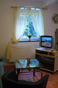 ein Wohnzimmer mit einem TV, einem Tisch und einem Fenster in der Unterkunft Ferienwohnung "Franziska Wünsche", Wohnung 2 in Dresden