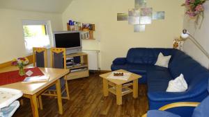 sala de estar con sofá azul y mesa en Ferienwohnung-Wasserlaeufer en Mulde