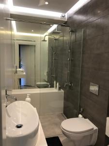 ZaspaにあるApartament Jelitkowski Dwórのバスルーム(シャワー、トイレ、シンク付)
