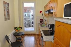 cocina con encimera, fregadero y ventana en Dresden-Altstadt-Neustadt-3-Raum-Fewo-L11, en Dresden