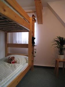 ヘルムスドルフにあるFerienwohnung-2のベッドルーム1室(二段ベッド2台、ベッド上にテディベア付)