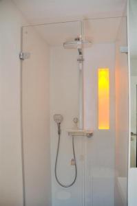 ヴェスターラントにあるHaus-LIV-Appartement-Sandのバスルーム(ガラスドア、シャワー付)