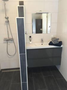 ein Bad mit einem Waschbecken und einem Spiegel in der Unterkunft Huus Windroos  Wohnung 2 in Ditzum