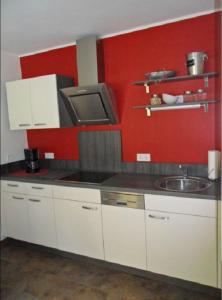 cocina con fregadero y pared roja en Ferienwohnung im Rosental en Andernach