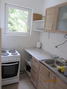 een keuken met een fornuis, een wastafel en een raam bij Holiday Home Idyllic Cottage in Čanj