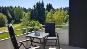 einen Tisch und zwei Stühle auf einem Balkon mit Bäumen in der Unterkunft Ferienwohnung Singer Am Erlebnisbocksberg in Goslar