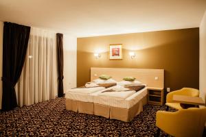 une chambre d'hôtel avec un lit et une chaise dans l'établissement Zana Vaii, à Arieşeni