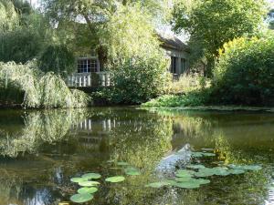 um lago com lírios em frente a uma casa em Chambres d'Hôtes du Moulin du Vey em Clécy