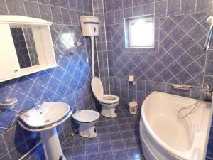 a blue tiled bathroom with a toilet and a sink at Guest House Stankovic in Soko Banja +34 photos