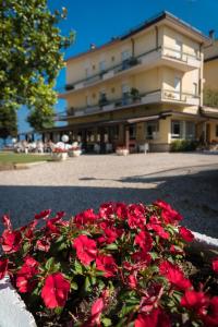 una olla de flores rojas delante de un edificio en Hotel Gasparina, en Castelnuovo del Garda