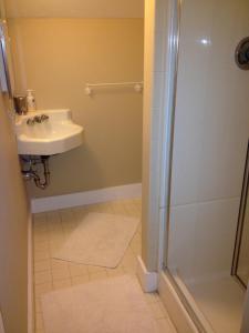 a bathroom with a sink and a shower at Stephen Clay Homestead Bed and Breakfast in Candia