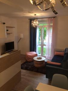 salon z kanapą i oknem w obiekcie Apartament Zawiszy Czarnego 10 w Koszalinie