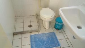 a bathroom with a toilet and a blue rug on the floor at Mouragio Studios in Tyros +37 photos