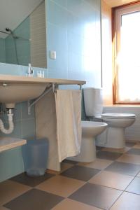 a bathroom with a sink and a toilet and a mirror at Casa do Balcão in Alcains