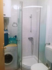 a shower with a glass door next to a washing machine at Studio Apartment Blue Dream in Ičići