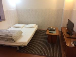 Cette petite chambre comprend un lit et un bureau avec une télévision. dans l'établissement Downtown PORTO SE, à Porto