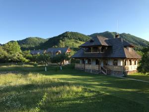 a house on a lawn with mountains in the background at Magnolia Resort Chalets in Vişeu de Sus
